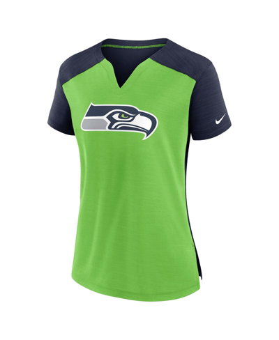 Shop Nike Women's  Neon Green, College Navy Seattle Seahawks Impact Exceed Performance Notch Neck T-shirt In Neon Green,college Navy