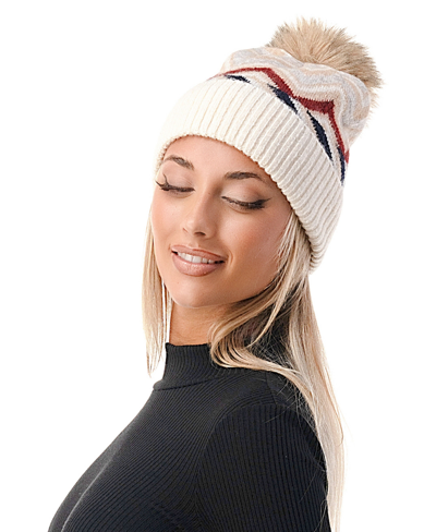 Marcus Adler Women's Chevron Faux Fur Pom Cuff Beanie In Burgundy