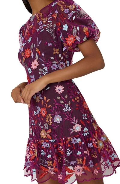 Shop Milly Yasmin Floral Embroidered Puff Sleeve Mesh Fit & Flare Dress In Burgundy Multi