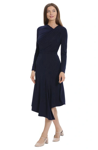 Shop Maggy London Draped Asymmetric Hem Long Sleeve Dress In Moonlight Navy