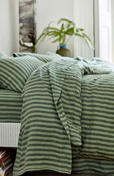 Shop Piglet In Bed Pembroke Stripe Linen Flat Sheet In Pine Green Pembroke Stripe