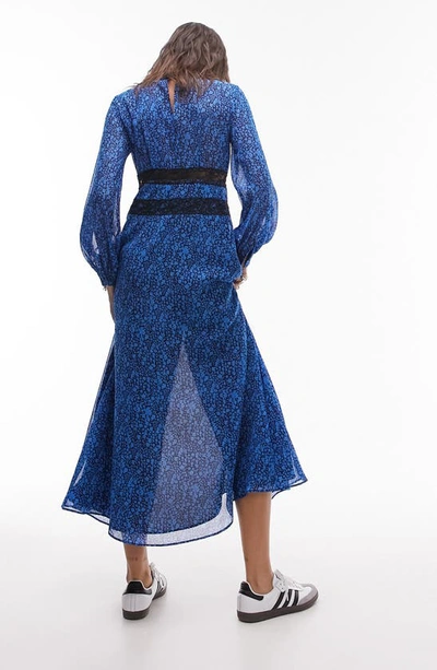 Topshop Floral Long Sleeve Button-up Midi Dress In Mid Blue
