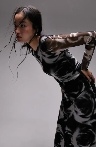 Shop Topshop Long Sleeve Mesh Midi Dress In Black Multi
