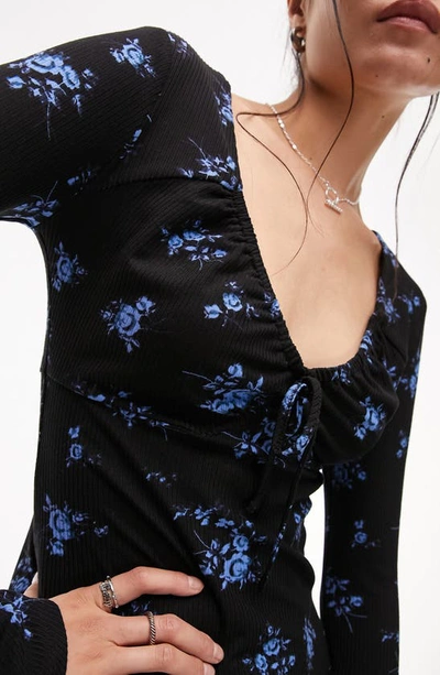 Shop Topshop Floral Long Sleeve Ribbed Minidress In Black Multi