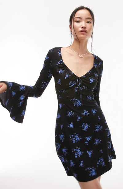 Shop Topshop Floral Long Sleeve Ribbed Minidress In Black Multi