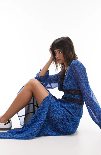Topshop Floral Long Sleeve Button-up Midi Dress In Mid Blue