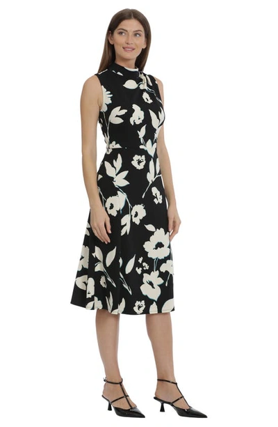 Shop Maggy London Floral Mock Neck Midi Dress In Black/ Cream