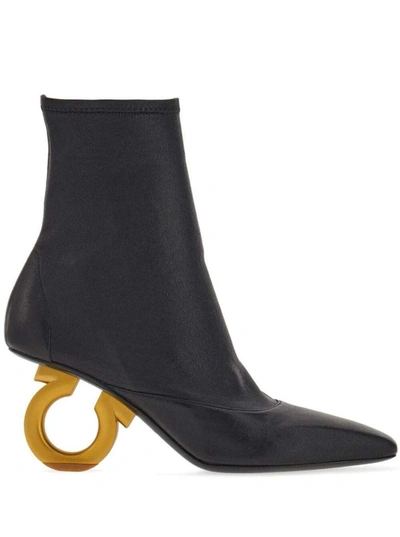 Shop Ferragamo 'elina' Black Ankle Boots With Sculptured Gancini Heel In Stretch Leather Woman