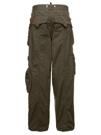 Shop Dsquared2 Military Green Low Waisted Cargo Pants With Branded Buttons In Stretch Cotton Woman