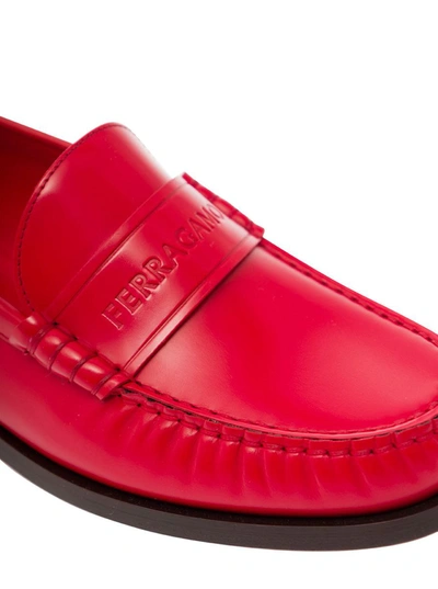 Shop Ferragamo Red Loafers With Embossed Logo In Smooth Leather Woman