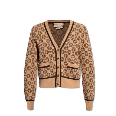 Shop Gucci Cashmere Jacquard Cardigan In Brown