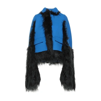 Shop Maison Margiela Faux Fur Trimmed Cape Jacket In Blue