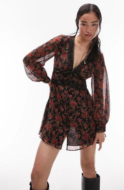 Shop Topshop Floral Long Sleeve Chiffon Minidress In Red