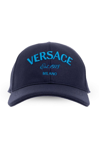 Shop Versace Logo Embroidered Baseball Cap In Blue