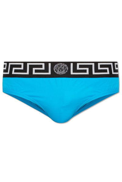 Shop Versace Medusa Jacquard Logo Waistband Swim Briefs In Blue