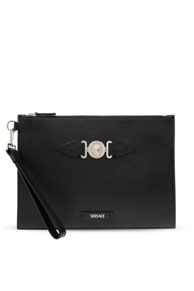 Shop Versace Logo Plaque Zipped Clutch Bag In Black