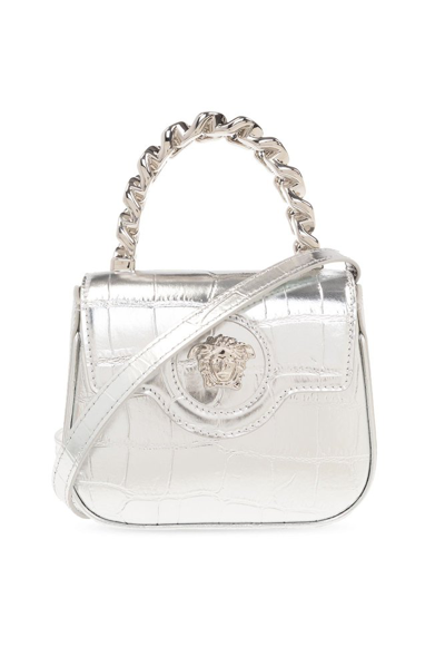 Shop Versace La Medusa Embossed Metallic Mini Bag In Silver