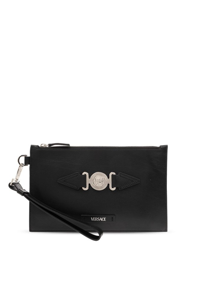 Shop Versace Medusa Biggie Zipped Small Clutch Bag In Black