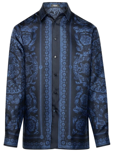 Shop Versace 'baroque' Blue Silk Shirt In Navy