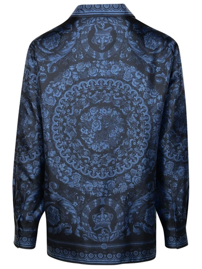 Shop Versace 'baroque' Blue Silk Shirt In Navy