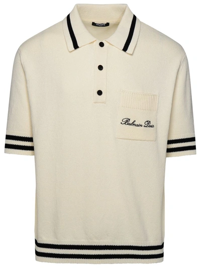 Shop Balmain Polo Shirt Logo Writing In Cream