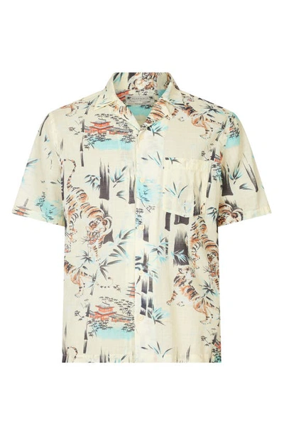 Shop Allsaints Tagise Relaxed Fit Tiger Print Short Sleeve Cotton Button-up Shirt In Cala White