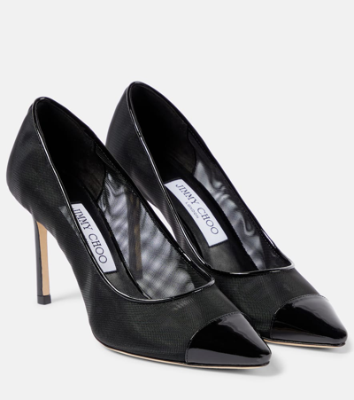 Shop Jimmy Choo Romy 85 Patent Leather-trimmed Pumps In Black