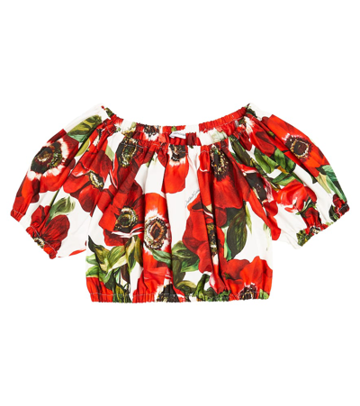 Shop Dolce & Gabbana Floral Off-shoulder Cotton Crop Top In Red