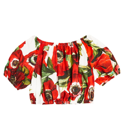 Shop Dolce & Gabbana Floral Off-shoulder Cotton Crop Top In Red