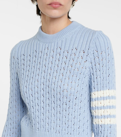 Shop Thom Browne 4-bar Pointelle Wool Sweater In Blue
