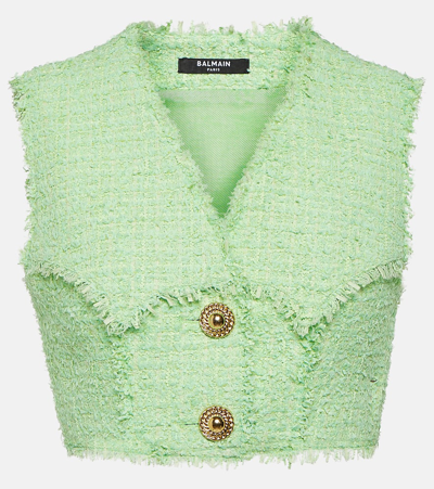 Shop Balmain Tweed Crop Top In Green