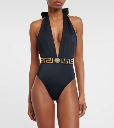 Shop Versace Greca Halterneck Swimsuit In Black