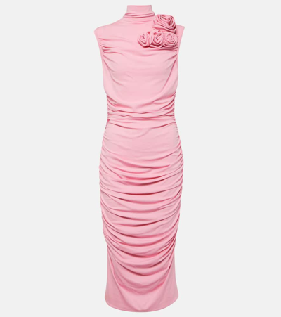 Magda Butrym Floral Appliqué Ruched Midi Dress In Pink