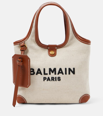 Shop Balmain Small Leather-trimmed Canvas Tote Bag In Beige