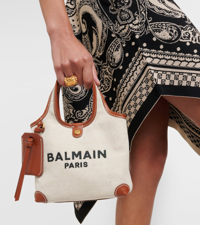 Shop Balmain Small Leather-trimmed Canvas Tote Bag In Beige