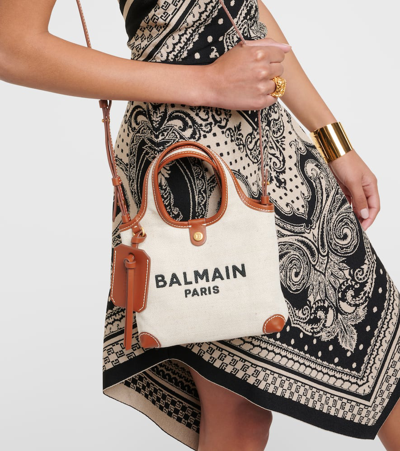 Shop Balmain Small Leather-trimmed Canvas Tote Bag In Beige
