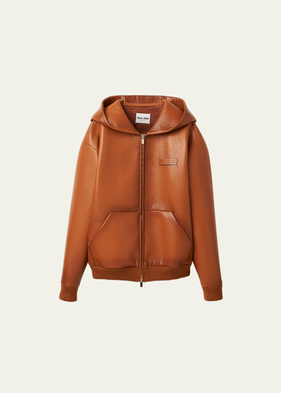 Shop Miu Miu Leather Zip-up Hooded Jacket In F0046 Cognac