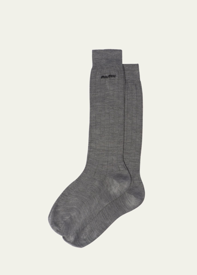 Shop Miu Miu Logo-knit Silk Sock In F0009 Bianco