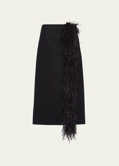 Shop Prada Feather-trimmed Wool Midi Skirt In F0002 Nero