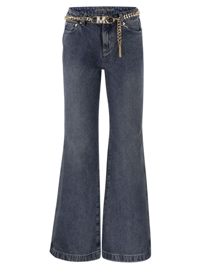 Shop Michael Michael Kors Belted Flared Jeans In Blue