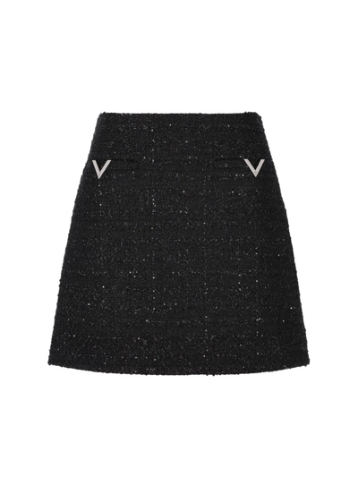 Shop Valentino Garavani Tweed Logo Plaque Mini Skirt In Black