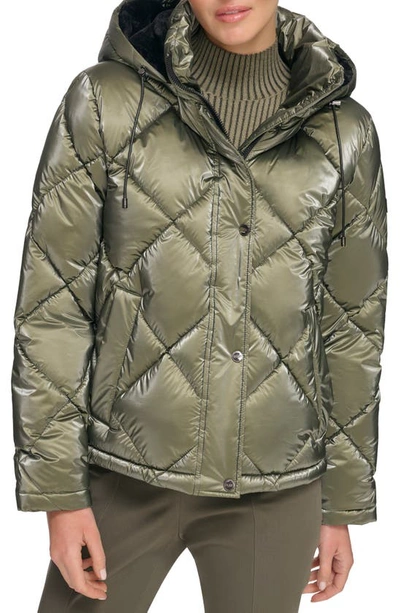 Shop Dkny Diamond Quilt Water Resistant Puffer Jacket In Light Olive