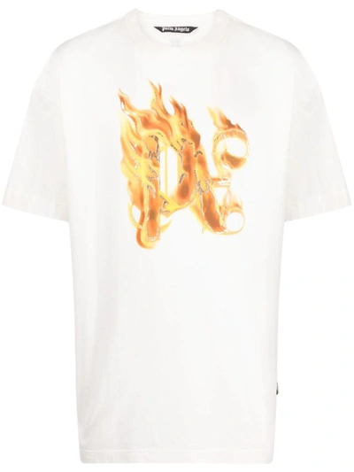 Shop Palm Angels Burning Pa-print T-shirt In Off White Gold
