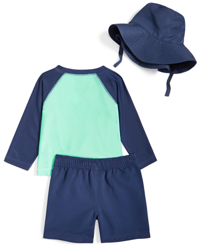 Shop First Impressions Baby Boys Fish Rashguard, Swim Shorts And Hat, 3 Piece Set, Created For Macy's In Navy Sea