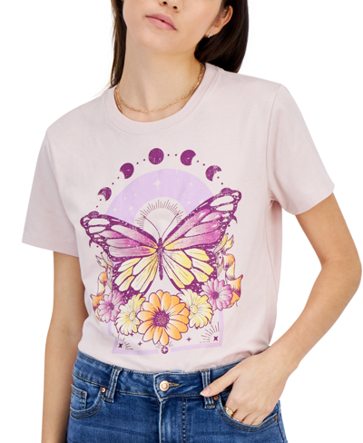 Shop Rebellious One Juniors' Butterfly Floral Crewneck Graphic T-shirt In Hushed Violet
