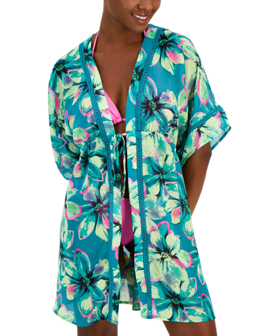 Shop Miken Women's Crochet-trim Kimono Cover-up, Created For Macy's In Atoll,lunar Glow