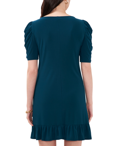 Shop Msk Petite Puff-sleeve Flounce-hem Shift Dress In Neo Emerald