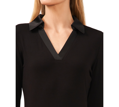 Cece Women's Woven-collar Knit Long-sleeve Top In Rich Black