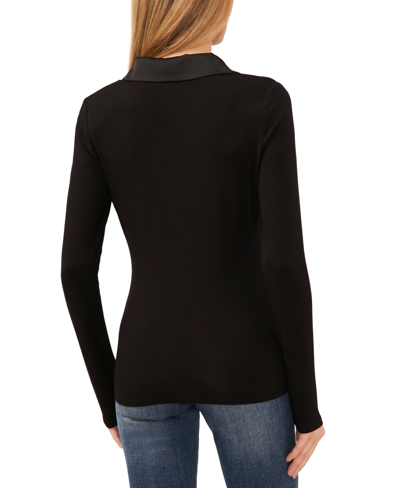 Cece Women's Woven-collar Knit Long-sleeve Top In Rich Black