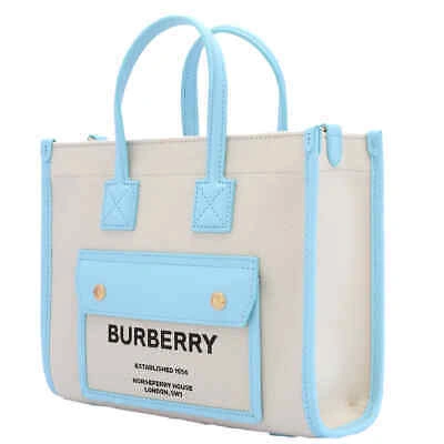 Pre-owned Burberry Mini Freya Tote Bag In Natural/cool Sky Blue 8072266